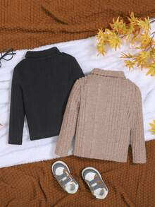 SHEIN 2入組寶寶男孩休閒純色長袖上衣和高領條紋針織t卹 - 黑色 - 查看 2