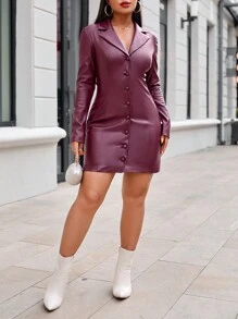 EURMUSE Lapel Collar Button Through Dress - Burgundy - View 3