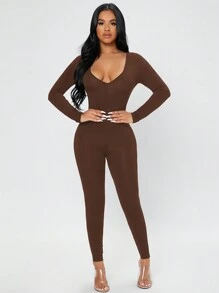 SHEIN PETITE Sweetheart Neck Unitard Jumpsuit - Brown - View 1