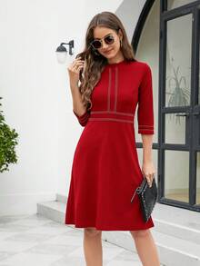 Đầm Dây kéo Ruy băng Tương phản ràng buộc Sọc Thanh lịch - Đỏ - Xem 3