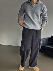 DAZY Men Ribbed Knit Quarter Zip Drop Shoulder Fall Sweater - Grey - View 6