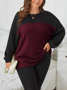 SHEIN Essnce Plus Two Tone Drop Shoulder Tee - Burgundy - View 1