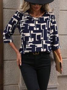 SHEIN Clasi Geo Print Round Neck Blouse - Blue - View 6