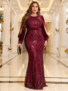 Plus Split Sleeve Sequin Formal Dress - Burgundy - View 3
