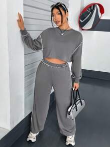 Flirla 大碼頂針落肩袖短款運動衫和運動褲 - 灰色 - 查看 1