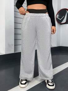 Flirla Plus Contrast 2 In 1 Waist Wide Leg Sweatpants Fall Cloth For Women - Grey - View 2