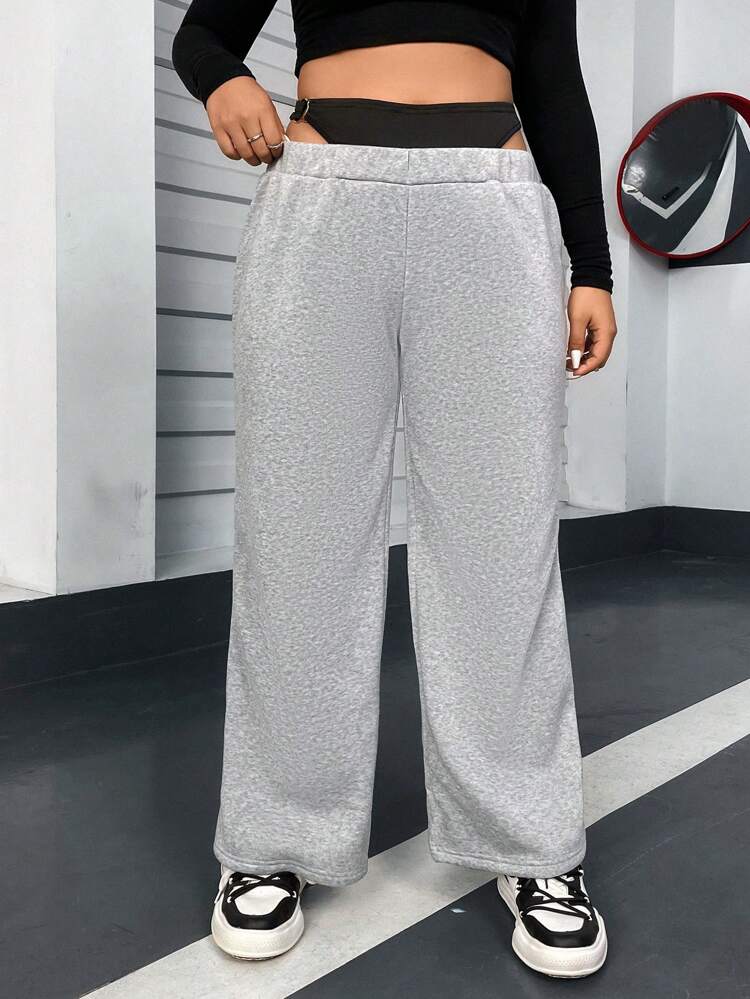 Plus Contrast 2 In 1 Waist Wide Leg Sweatpants Fall Cloth For Women