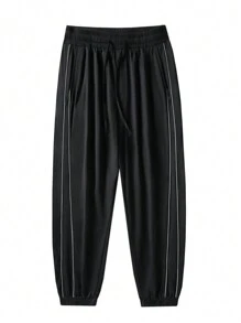 Manfinity Hypemode Men Plus Loose Fit Drawstring Waist Pants With Contrast Piping - Black - View 1