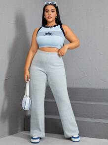 SHEIN EZwear Plus High Waist Flare Leg Pants - Light Grey - View 4