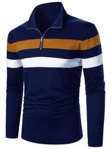 Manfinity Homme Men Color Block Quarter Zip Collar Work Casual Polo Shirt For Husband, For Fall, Long Sleeve Top - Multicolor - View 3