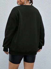 Calvaya Plus Size Women Christmas Slogan Print Crew Neck Drop Shoulder Casual Thermal Sweatshirt - Black - View 2