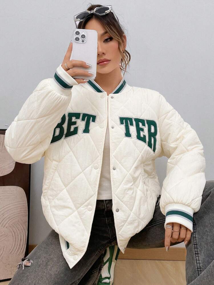 Letter Embroidery Striped Trim Drop Shoulder Quilted Coat