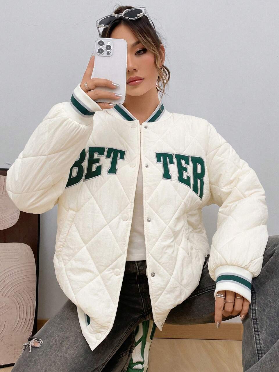 Letter Embroidery Striped Trim Drop Shoulder Quilted Coat