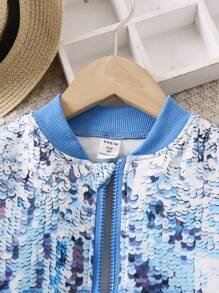 SHEIN Young Girl Sequin Print Zip Up Bomber Jacket - Multicolor - View 3