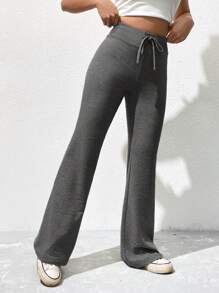 SHEIN EZwear 素色腰部抽繩喇叭衛褲 - 深灰色 - 查看 3