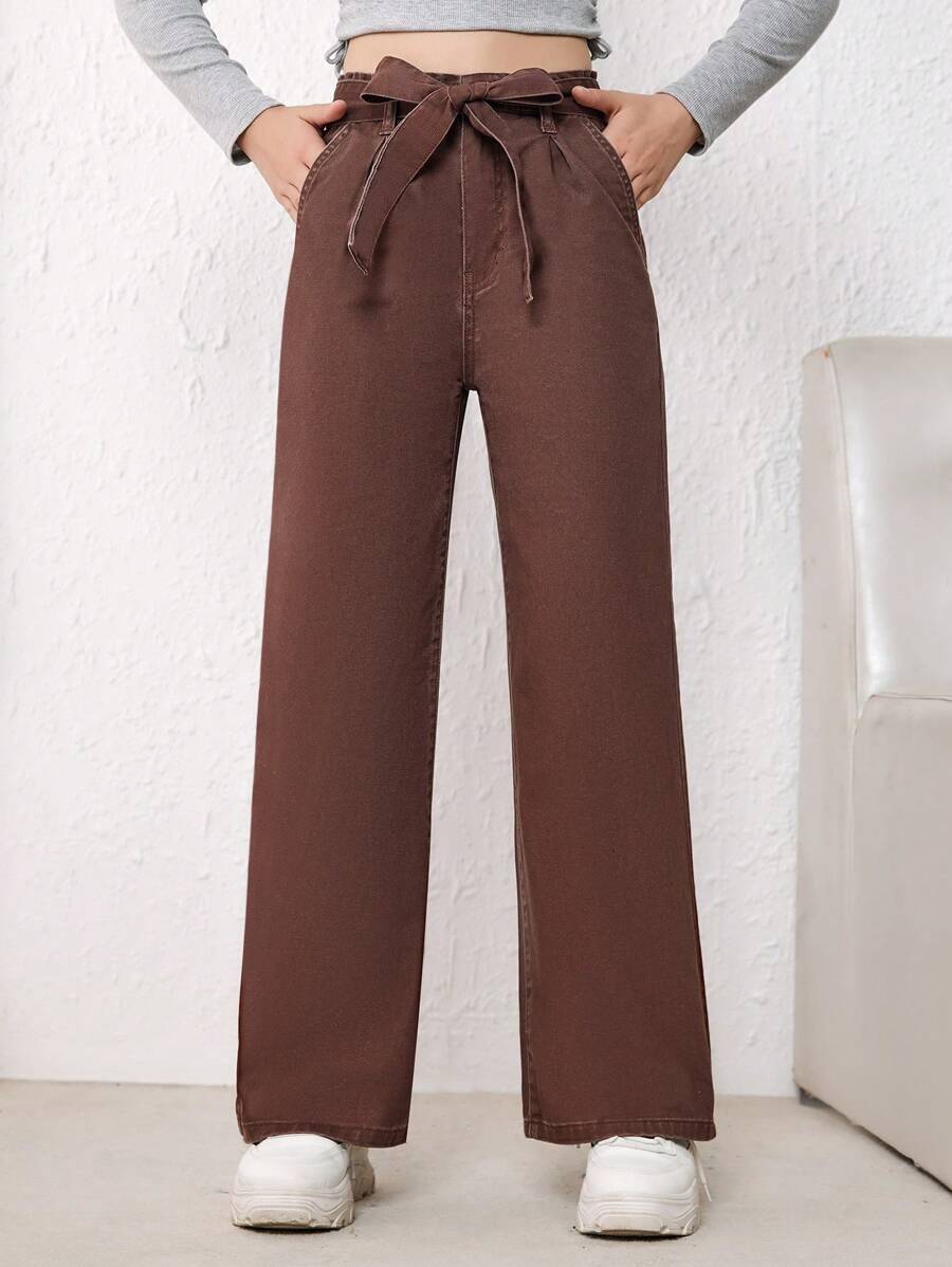 Teen Girl Slant Pocket Belted Wide Leg Jeans - Coffee Brown - View 1