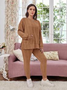 SHEIN LUNE 大碼落肩袖袋鼠口袋上衣和緊身褲 - 棕色 - 查看 3