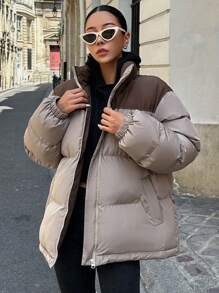 DAZY Áo khoác phao hai tông màu có khóa kéo, túi dày, quần áo mùa đông cho nữ, áo khoác mùa đông cho nữ - Màu Khaki - Xem 4