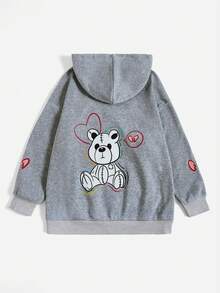 SHEIN Qutie 加大码卡通图案袋鼠口袋抽绳保暖内衬卫衣 - 灰色 - 查看 2