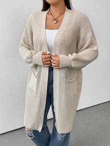 Flirla Plus Dual Pocket Drop Shoulder Duster Cardigan - Apricot - View 6