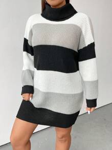 Flirla Plus Color Block Turtleneck Drop Shoulder Sweater Dress - Multicolor - View 5