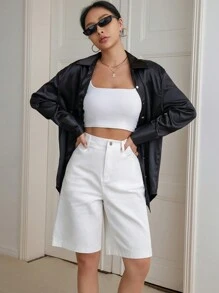 SHEIN Essnce Shorts bermuda unicolor con bolsillo oblicuo - Blanco - Ver 5