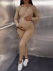 SHEIN Maternidad Mono unitard con cremallera con cordón con capucha - Caqui - Ver 5