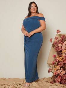 SHEIN Belle Hơn Off Shoulder Xù Tách đùi Váy sequin - Màu xanh hải quân - Xem 4