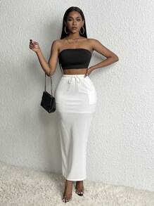 Slaydiva Drawstring Waist Slant Pocket Split Back Skirt - White - View 4