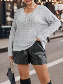 SHEIN LUNE 加扣细节落肩针织套头衫秋冬毛衣 - 灰色 - 查看 3