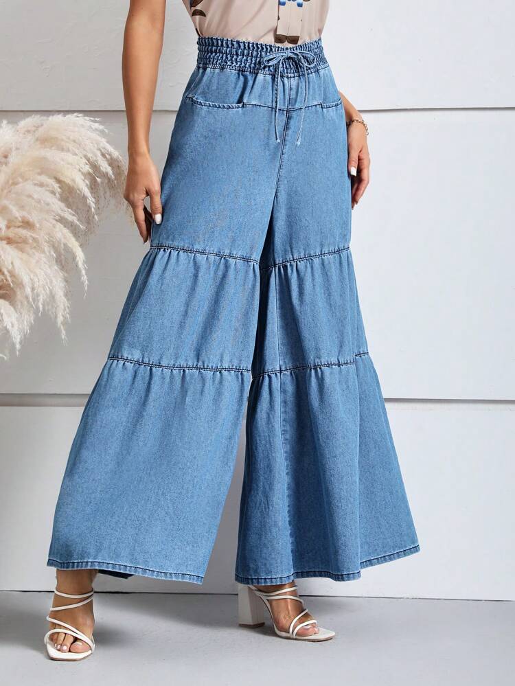 Tie Waist Ruffle Hem Wide Leg Jeans