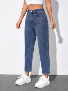 SHEIN PETITE High Waist Mom Fit Jeans - Dark Wash - View 5