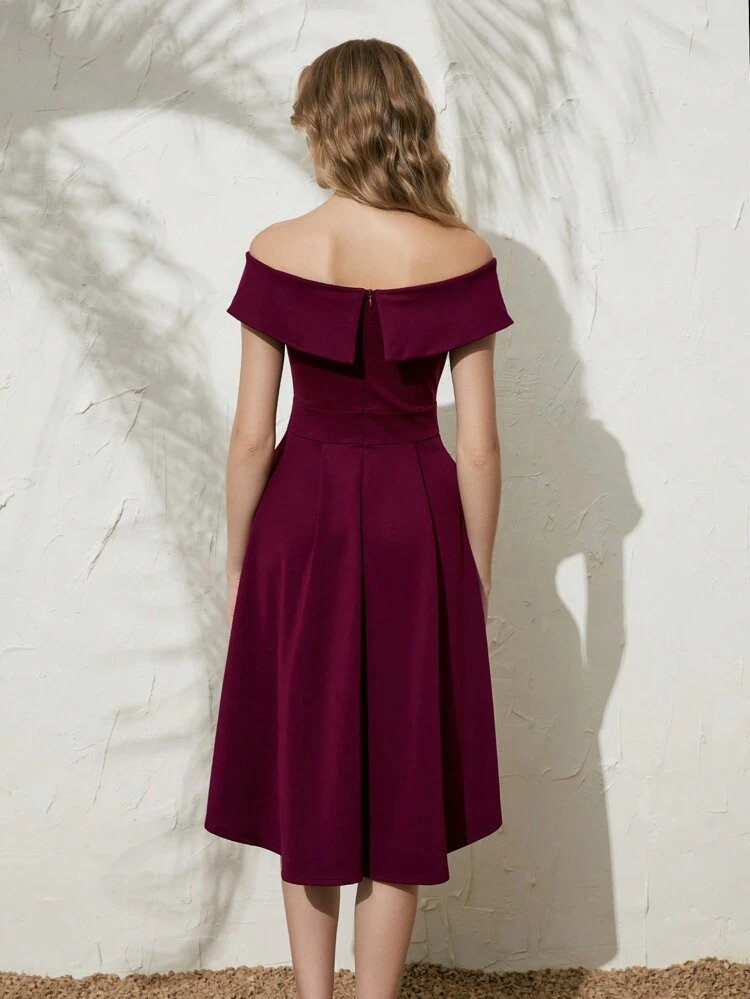 Off Shoulder Foldover Front Dress Burgundy Color Women Outfit