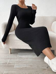 Chiquease 純色方領羅紋針織毛衣洋裝 - 黑色 - 查看 4