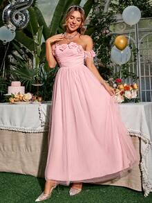 Simplee 一字肩貼花網紗正式洋裝 - 粉色 - 查看 3