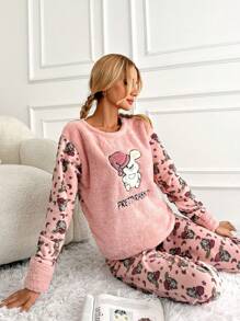 SHEIN Conjunto de pijama de franela con bordado de letras y dibujos animados - Rosa - Ver 1