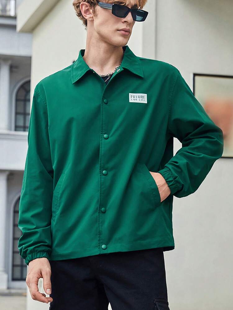 Men's Ultra Loose Jacket With Button Closure And Letter Patched Detail, For Fall Winter