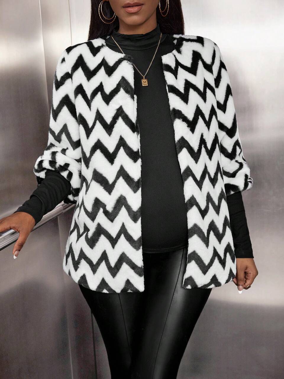 Maternity Chevron Print Open Front Coat