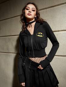 Batman X ROMWE 刺繡卡通圖案拉鍊束口帽衫 - 黑色 - 查看 3