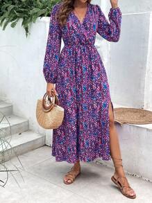 SHEIN VCAY Ditsy Floral Print Split Thigh Dress - Multicolor - View 3