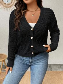 Calvaya Plus Button Through Drop Shoulder Cardigan - Black - View 7
