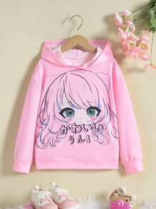 SHEIN Cô gái Tween Đồ họa chữ & hình trong tiếng Nhật Áo nỉ có mũ - Hồng - Xem 1