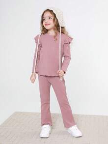 SHEIN Conjunto casual rosa de pantalones acampanados de manga larga de color sólido para niña joven para otoño - Rosa vieja - Ver 6