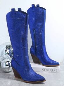 SHUZIA 鑲嵌水晶尖頭塊跟西部靴，女士牛仔靴 - 寶藍色 - 查看 2