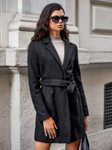 RueChic Lapel Neck Belted Overcoat - Black - View 4