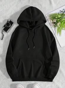SHEIN EZwear Áo hoodie lót nhiệt có dây rút hình trái tim & hoạt hình Kangaroo - màu đen - Xem 2