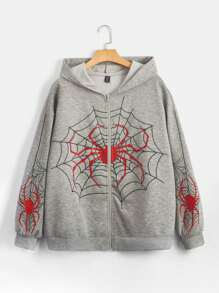 SHEIN EZwear Plus Size Spider Web Print Drop Shoulder Zipper Up Sweatshirt - Light Grey - View 1