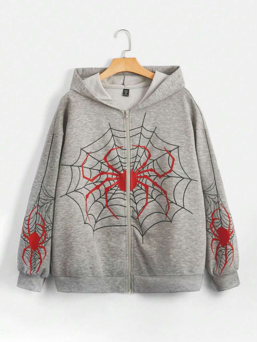 SHEIN EZwear Plus Size Spider Web Print Drop Shoulder Zipper Up Sweatshirt - Light Grey - View 1