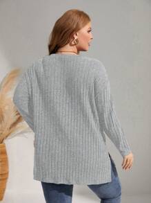 SHEIN Essnce Plus Drop Shoulder Split Hem Ribbed Knit Tee - Grey - View 2