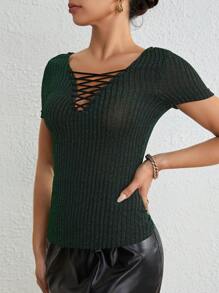 SHEIN Privé Criss Cross Front Ribbed Knit Tee